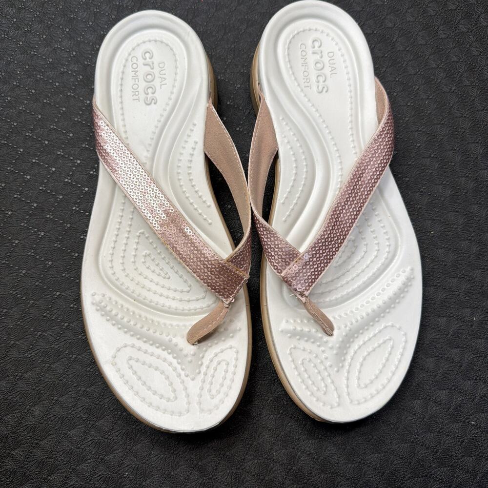 Crocs Dual Comfort Capri V #204311 Rose Gold Sequin wedge flip flops size 9